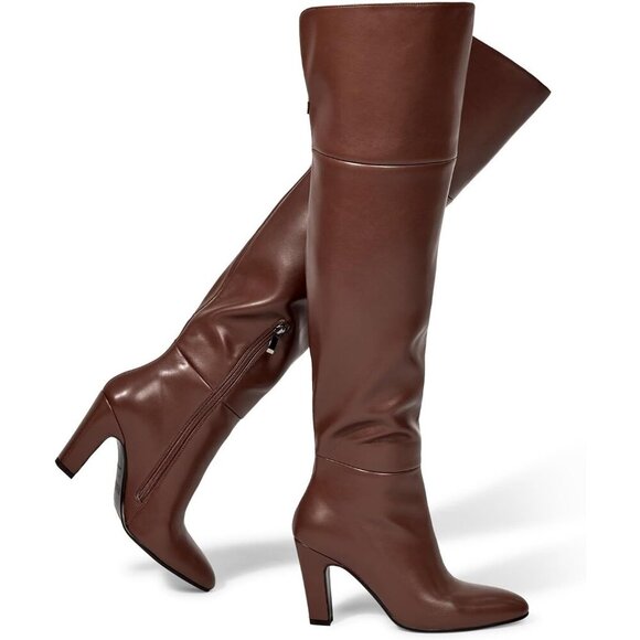 Women Lighter Brown Faux Leather Side Zipper Thigh High Over the Knee Boot - Picture 2 of 7